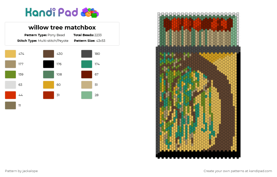 willow tree matchbox - Pony Bead Pattern by jackalope on Kandi Pad - brown,teal,yellow,matchbox,green,willow,tree,nature