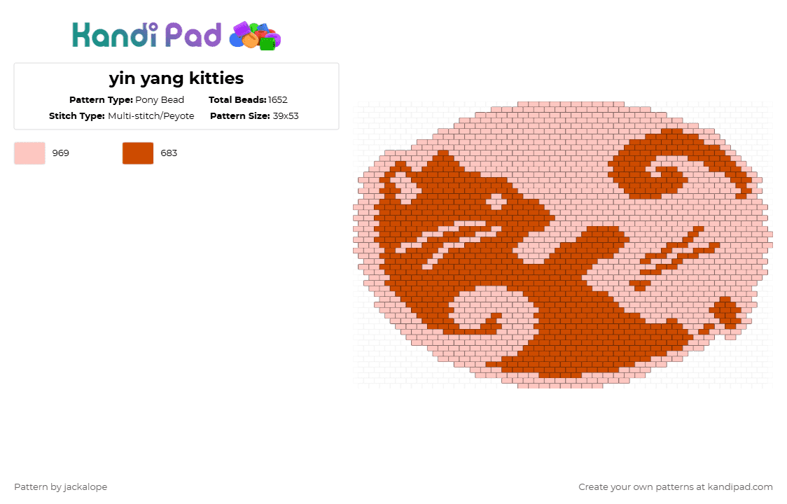 yin yang kitties - Pony Bead Pattern by jackalope on Kandi Pad - beige,red,cat,yin yang,peace,kitty,circle,furry,animal,meow
