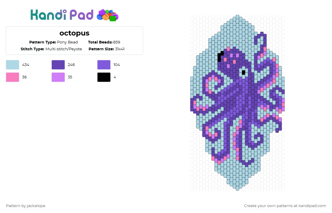 octopus - Pony Bead Pattern by jackalope on Kandi Pad - light blue,purple,octopus,ocean,water,fish,earring,animal