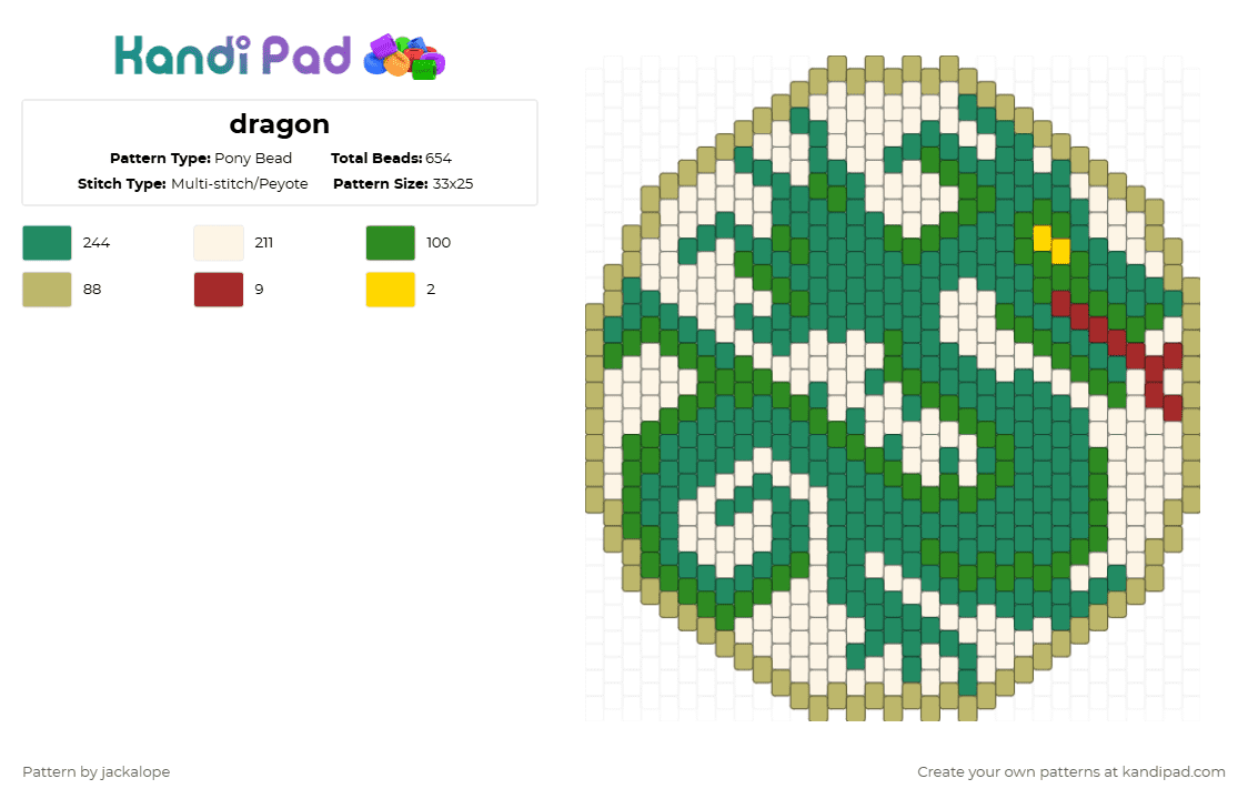 dragon - Pony Bead Pattern by jackalope on Kandi Pad - beige,green,teal,dragon,retro,lizard,animal,cryptid,magic,fantasy