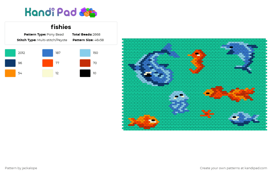 fishies - Pony Bead Pattern by jackalope on Kandi Pad - teal,fish,ocean,water,jellyfish,seahorse,dolphin,whale,animal