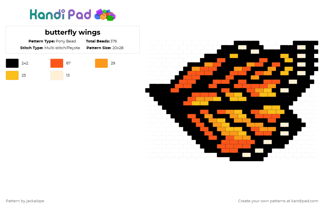 butterfly wings - Pony Bead Pattern by jackalope on Kandi Pad - black,orange,butterfly,wing,bug,monarch,fly,nature,animal