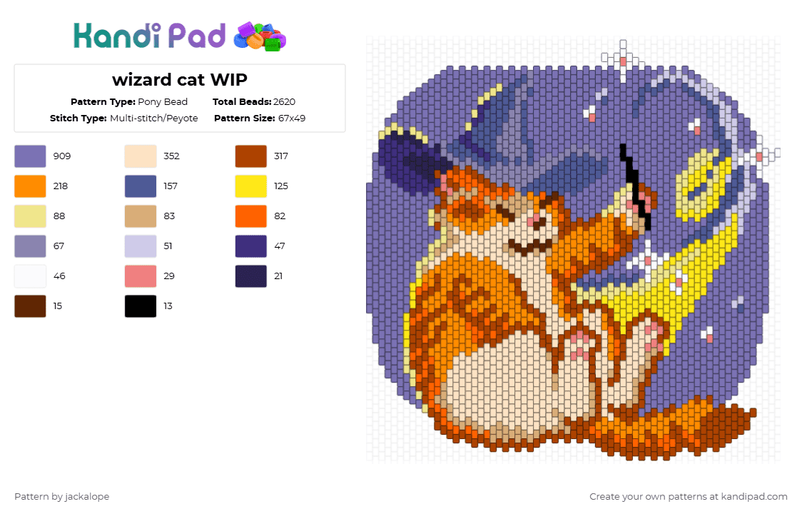 wizard cat WIP - Pony Bead Pattern by jackalope on Kandi Pad - red,orange,beige,blue,cat,magic,wizard