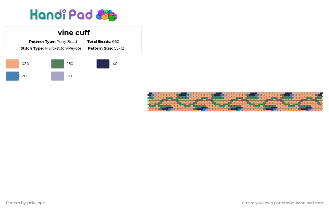 vine cuff - Pony Bead Pattern by jackalope on Kandi Pad - teal,beige,vine,flowers,blue,green,cuff,nature
