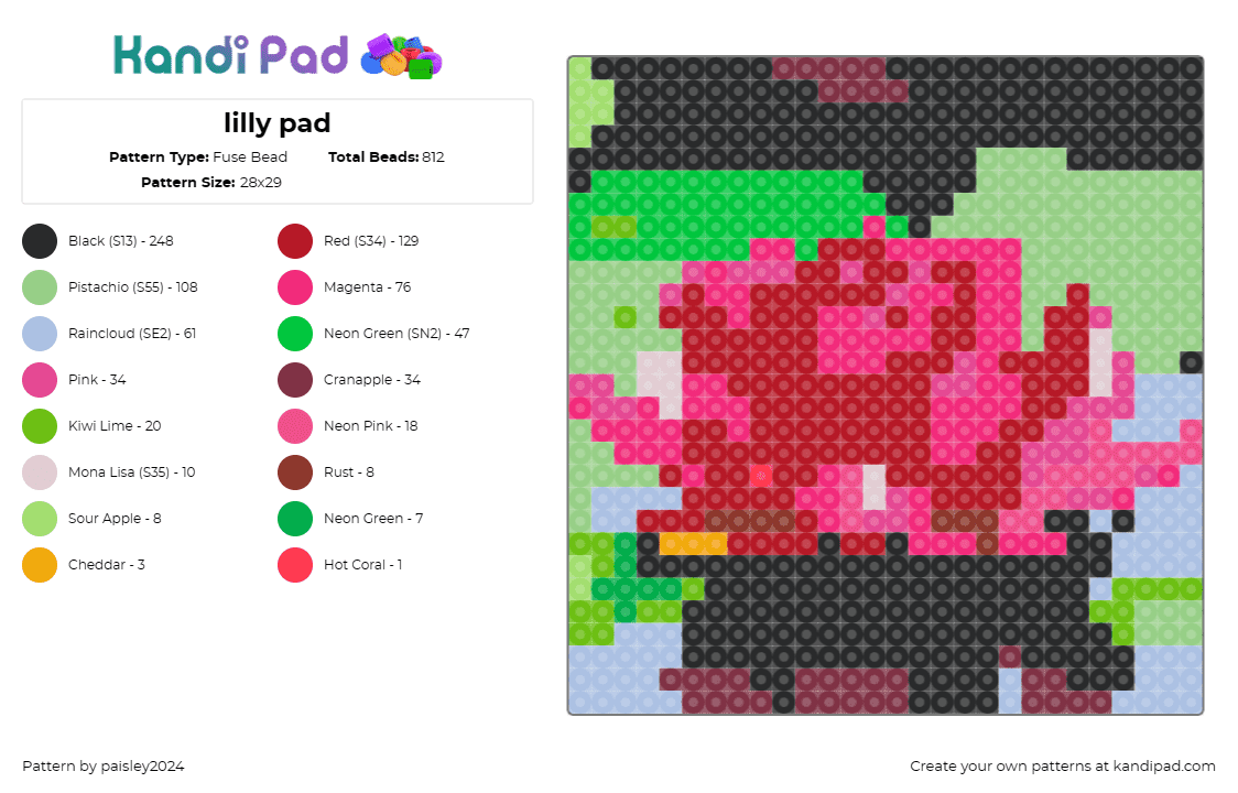 lilly pad - Fuse Bead Pattern by paisley2024 on Kandi Pad - lily pad,flower,floral,nature,serene,tranquil,blossom,pink