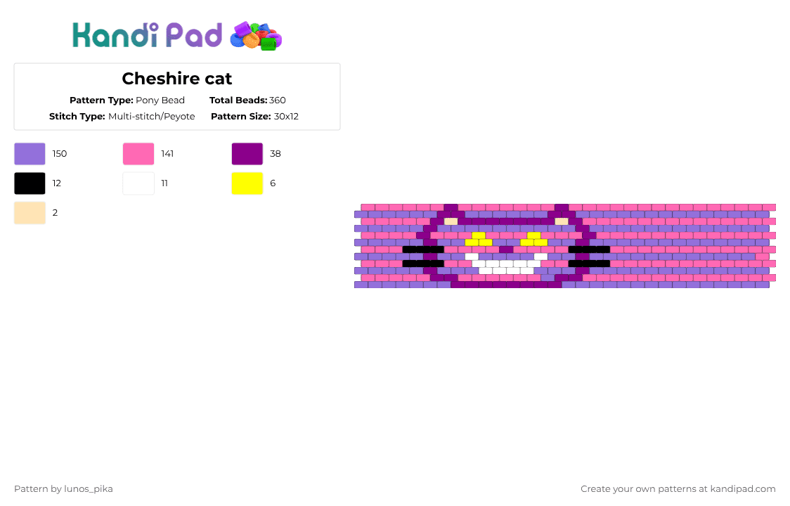 Cheshire cat - Pony Bead Pattern by lunos_pika on Kandi Pad - pink,purple