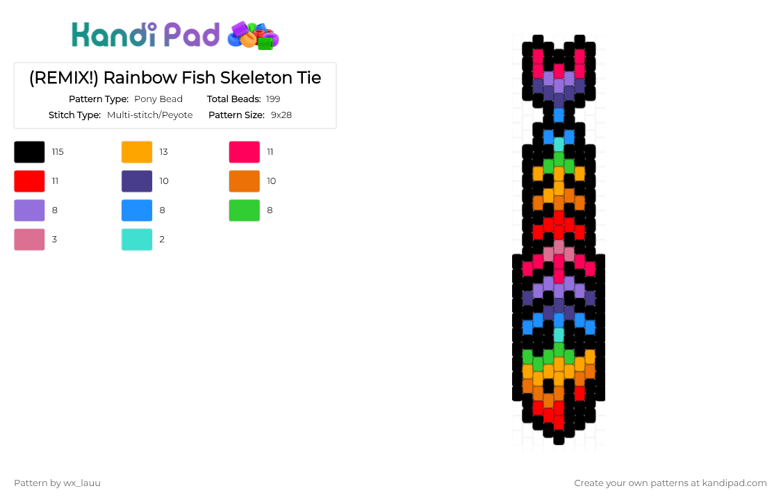 (REMIX!) Rainbow Fish Skeleton Tie - Pony Bead Pattern by wx_lauu on Kandi Pad - black,purple,red,orange,fish,skeleton,rainbow,tie