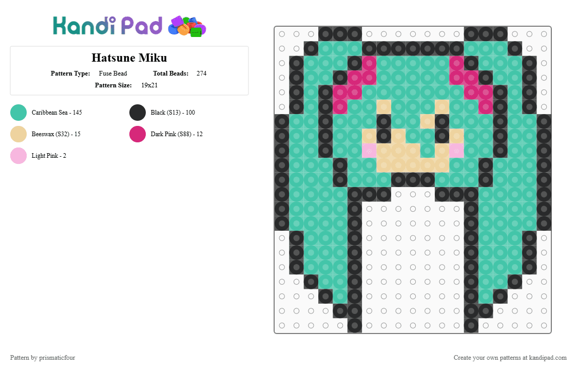 Hatsune Miku - Fuse Bead Pattern by prismaticfour on Kandi Pad - teal,miku,hatsune miku,vocaloid,voicebank,miku hatsune,music