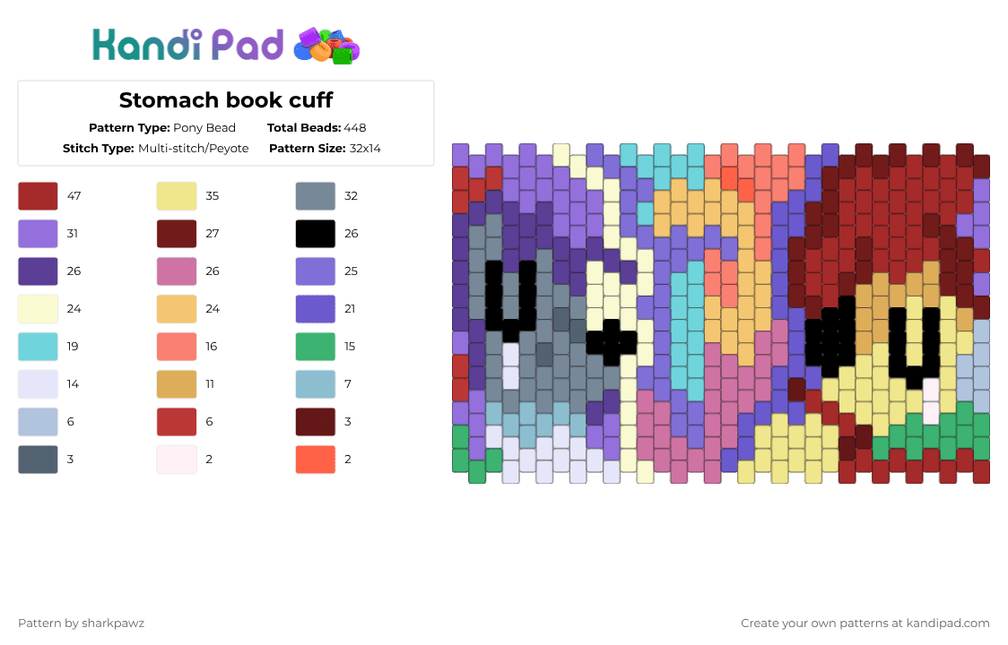 Stomach book cuff - Pony Bead Pattern by sharkpawz on Kandi Pad - red,purple,colorful