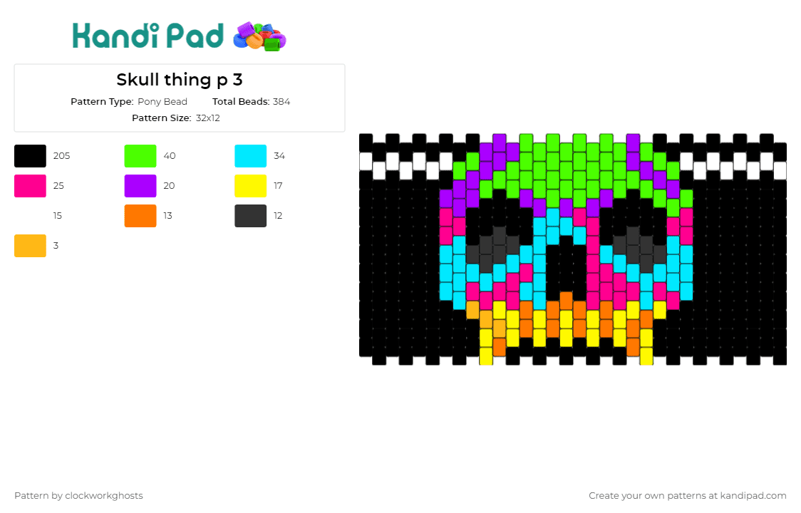 Skull thing p 3 - Pony Bead Pattern by clockworkghosts on Kandi Pad - skull,skeleton,spooky,colorful,neon,dark,cuff