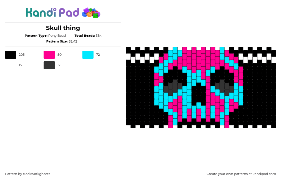 Skull thing - Pony Bead Pattern by clockworkghosts on Kandi Pad - skull,neon,skeleton,spooky,colorful,halloween,dark,cuff,black,pink,light blue