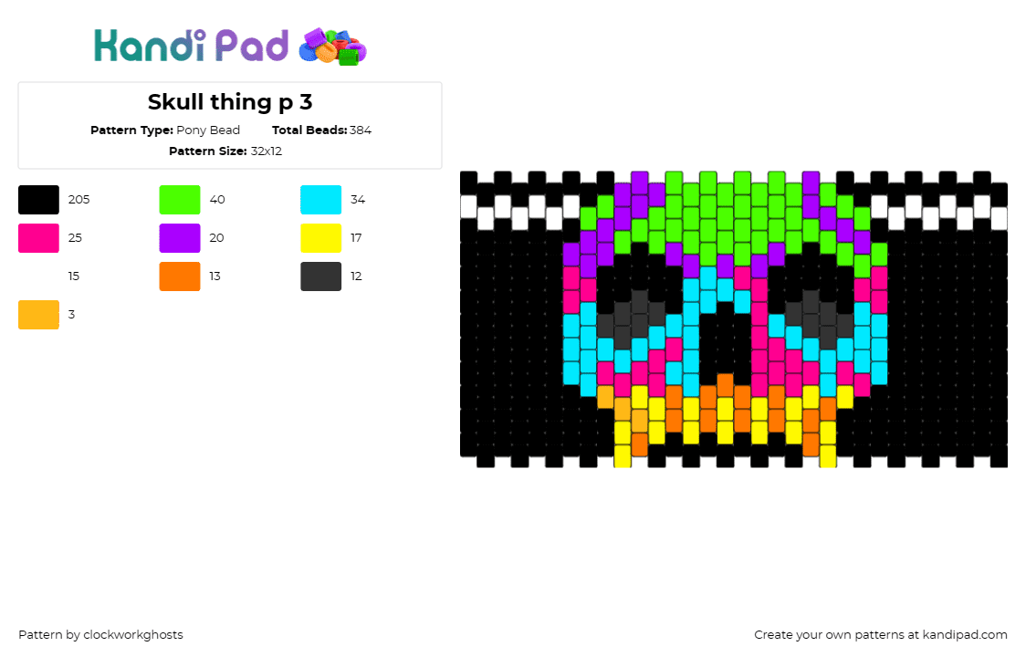 Skull thing p 3 - Pony Bead Pattern by clockworkghosts on Kandi Pad - skull,neon,skeleton,spooky,colorful,halloween,dark,cuff,black,green,light blue,o