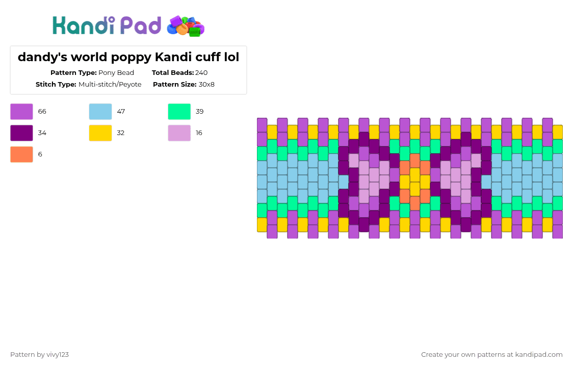 dandy\'s world poppy Kandi cuff lol - Pony Bead Pattern by vivy123 on Kandi Pad - pink,light blue