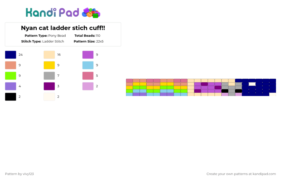 Nyan cat ladder stich cuff!! - Pony Bead Pattern by vivy123 on Kandi Pad - pink,beige,purple