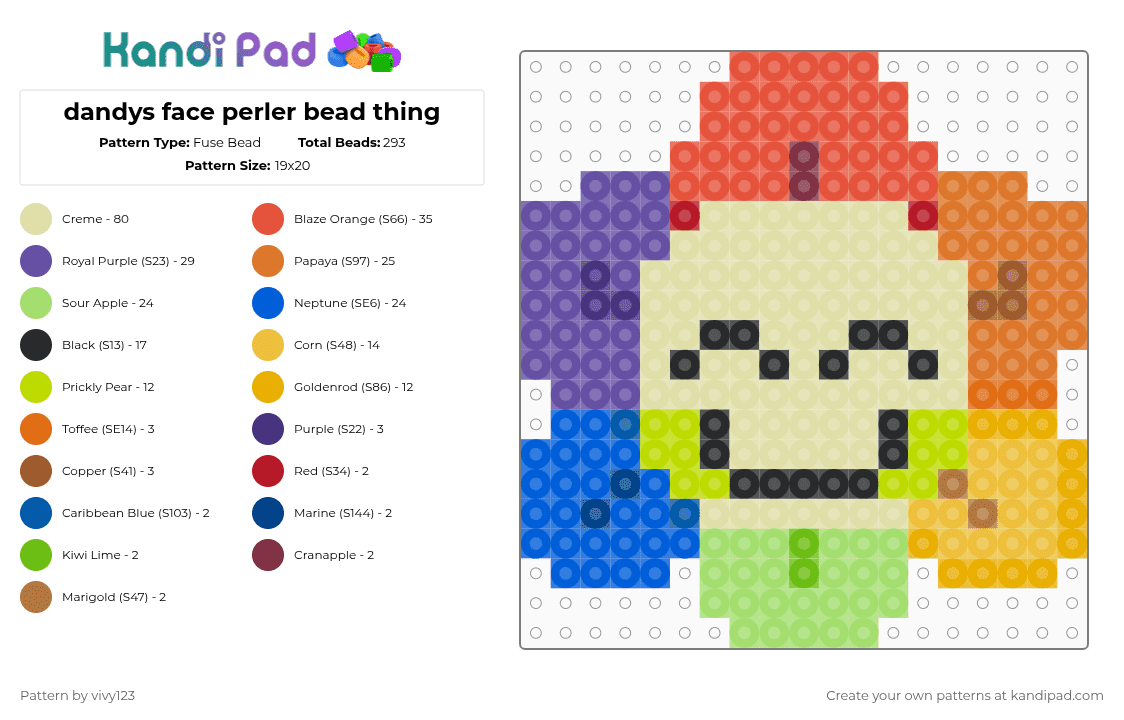 dandys face perler bead thing - Fuse Bead Pattern by vivy123 on Kandi Pad - yellow,red,purple,colorful