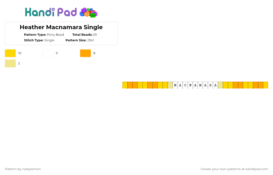 Heather Macnamara Single - Pony Bead Pattern by nastylemon on Kandi Pad - yellow,orange,heather,heathers,heather macnamara,macnamara,single,yellow single