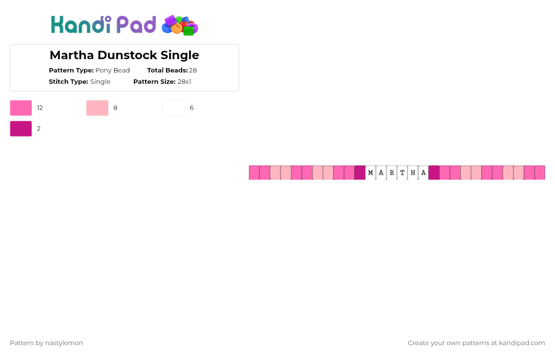 Martha Dunstock Single - Pony Bead Pattern by nastylemon on Kandi Pad - pink,martha,martha dunstock,martha dumptruck,heathers,single,pink single,heathers single