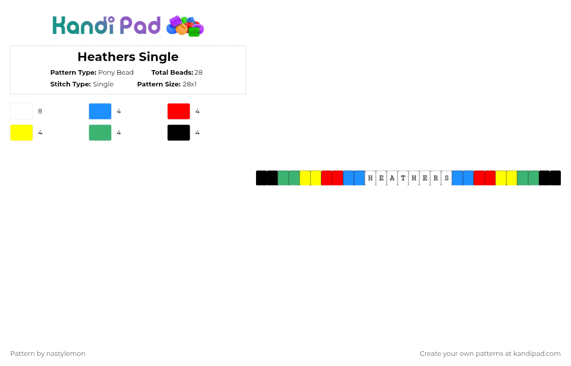 Heathers Single - Pony Bead Pattern by nastylemon on Kandi Pad - light blue,red,yellow,green,heathers,heather,single,rainbow,rainbow single,heather single,heathers single,heathers braclet