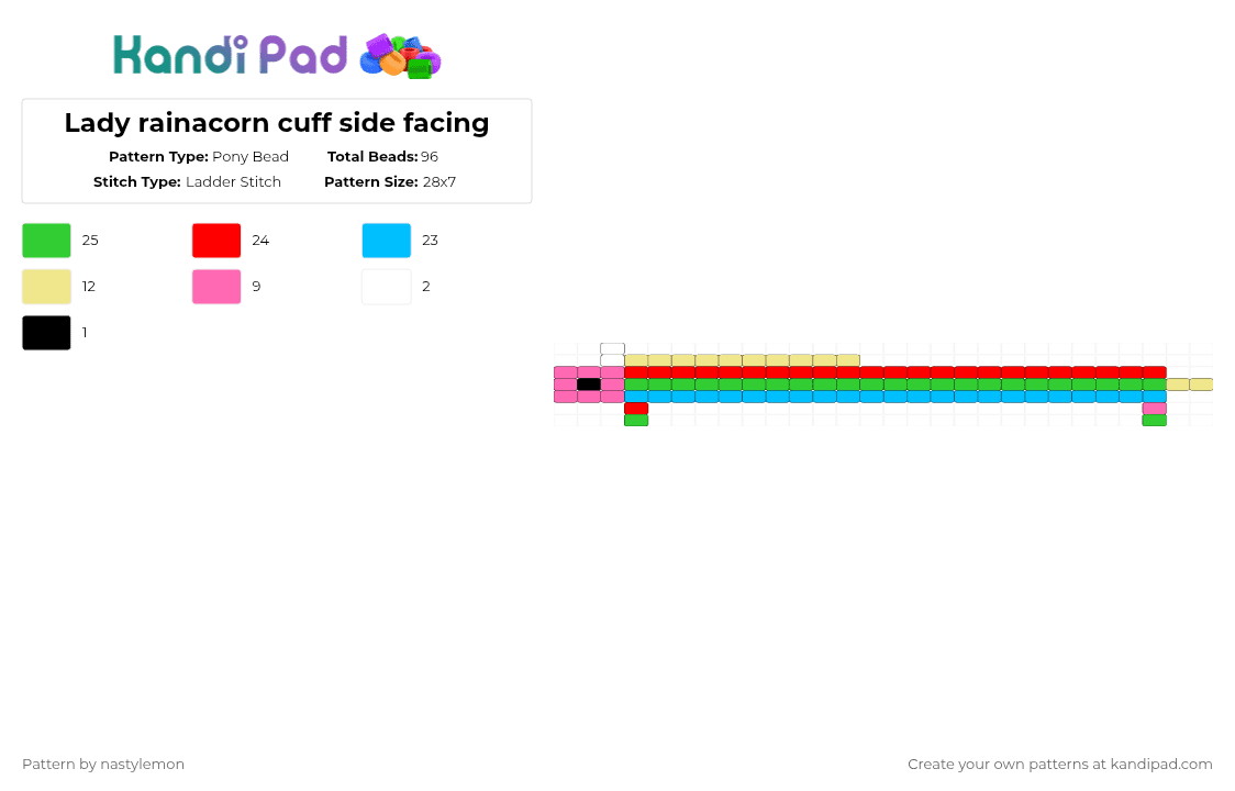 Lady rainacorn cuff side facing - Pony Bead Pattern by nastylemon on Kandi Pad - green,red,light blue,lady rainacorn,lady,cartoon,adventure time,rainbow,cuff,rainbow cuff,adventuretime