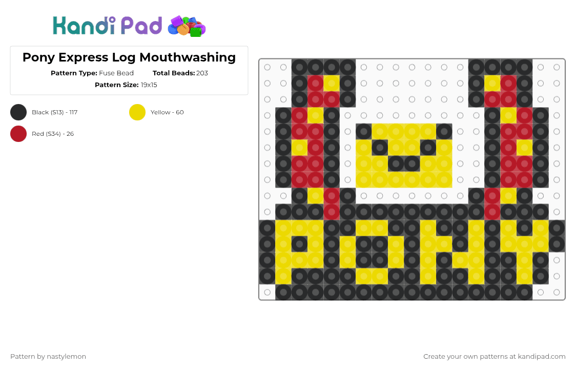 Pony Express Log Mouthwashing - Fuse Bead Pattern by nastylemon on Kandi Pad - yellow,red,mouthwashing,pony express,pony,red and yellow,game,logo