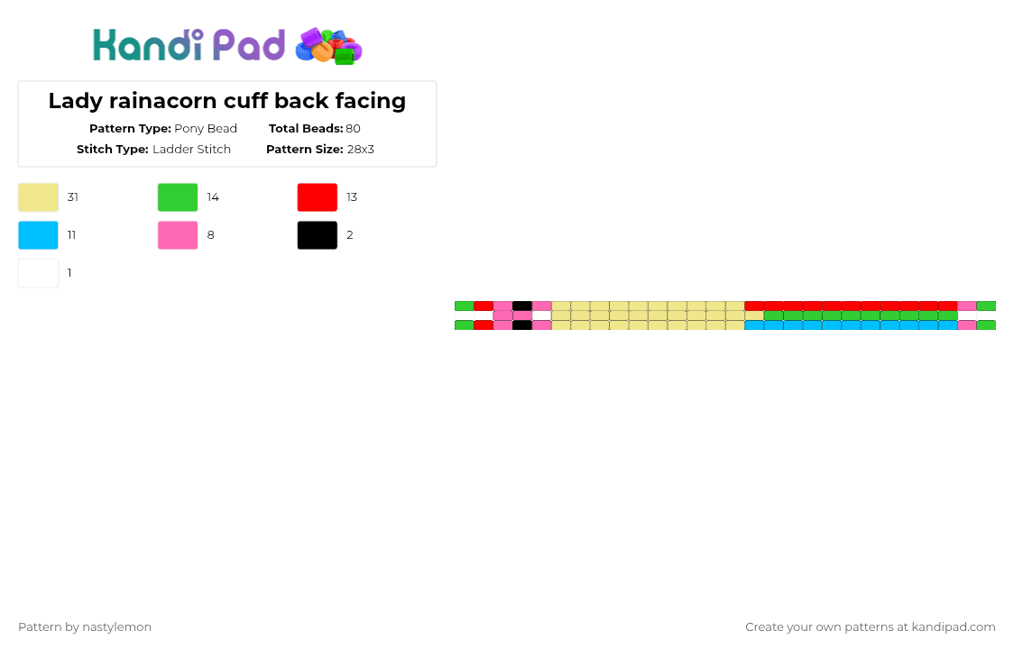 Lady rainacorn cuff back facing - Pony Bead Pattern by nastylemon on Kandi Pad - yellow,lady,lady rainacorn,rainacorn,rainbow,cuff,rainbow cuff,cartoon,adventure time