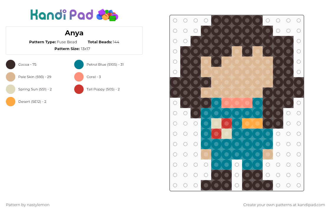 Anya - Fuse Bead Pattern by nastylemon on Kandi Pad - brown,beige,teal,anya,anya mouthwashing,mouthwashing,mouth washing,blue,sprite,game,simple