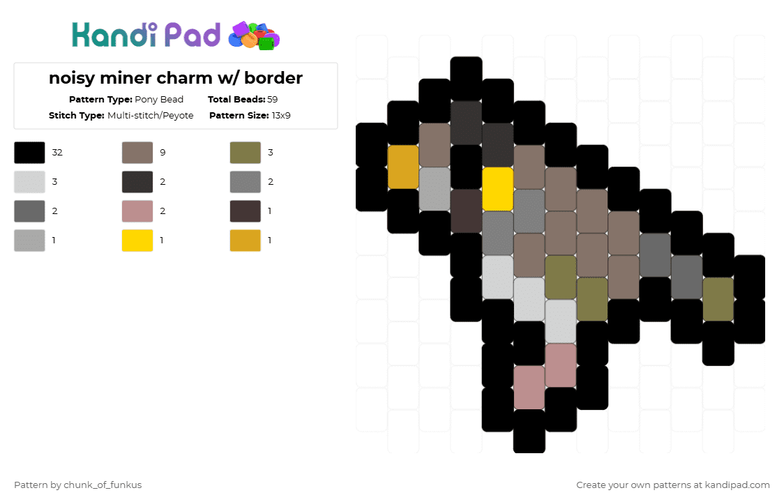 noisy miner charm w/ border - Pony Bead Pattern by chunk_of_funkus on Kandi Pad - black,gray,bird,australian,australia,noisy,noisy miner,miner,miner bird,charm