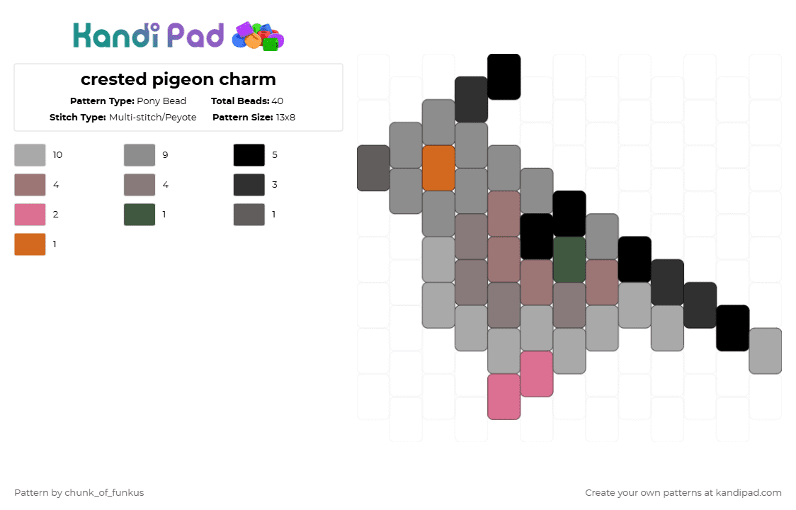 crested pigeon charm - Pony Bead Pattern by chunk_of_funkus on Kandi Pad - gray,beige,pigeon,crested pigeon,australia,australian,animal,bird,australian pigeon,charm