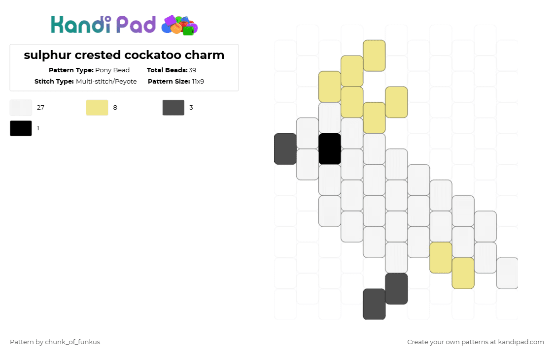 sulphur crested cockatoo charm - Pony Bead Pattern by chunk_of_funkus on Kandi Pad - white,yellow,gray,cockatoo,bird,australia,australian,sulphur crested cockatoo,crested cockatoo,cockatiel
