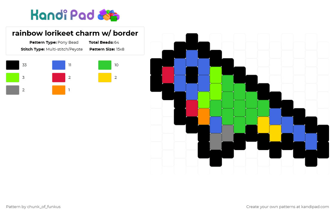 rainbow lorikeet charm w/ border - Pony Bead Pattern by chunk_of_funkus on Kandi Pad - black,blue,green,rainbow,rainbow lorikeet,lorikeet,australia,australian,bird,birds