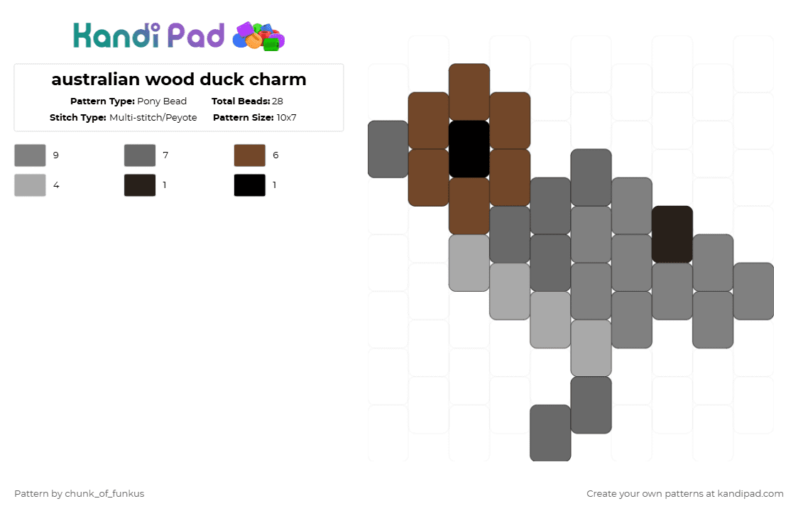 australian wood duck charm - Pony Bead Pattern by chunk_of_funkus on Kandi Pad - gray,duck,wood duck,australia,australian,animal,bird,australian wood duck,maned duck