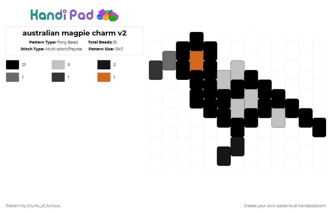 australian magpie charm v2 - Pony Bead Pattern by chunk_of_funkus on Kandi Pad - black,beige,magpie,australian magpie,australia,australian,bird,animal,charm