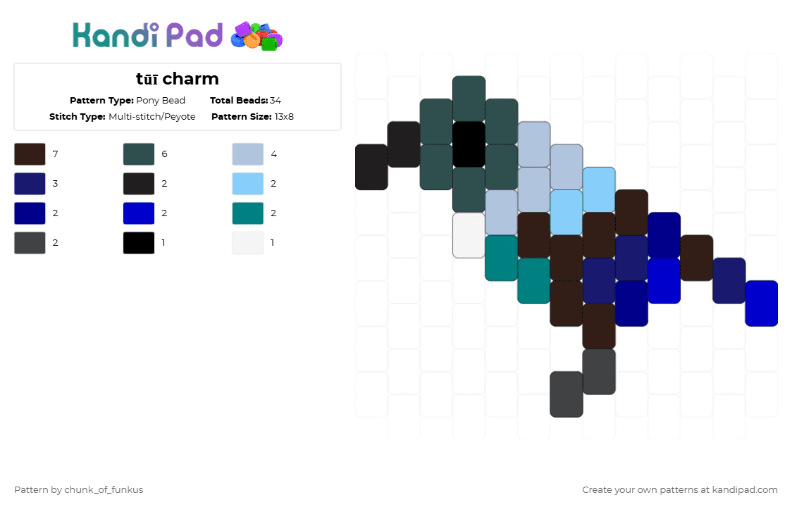 tūī charm - Pony Bead Pattern by chunk_of_funkus on Kandi Pad - gray,light blue,brown,purple,tui,new zealand,bird,koko,honeyeater,tui tie curl,tiecurl