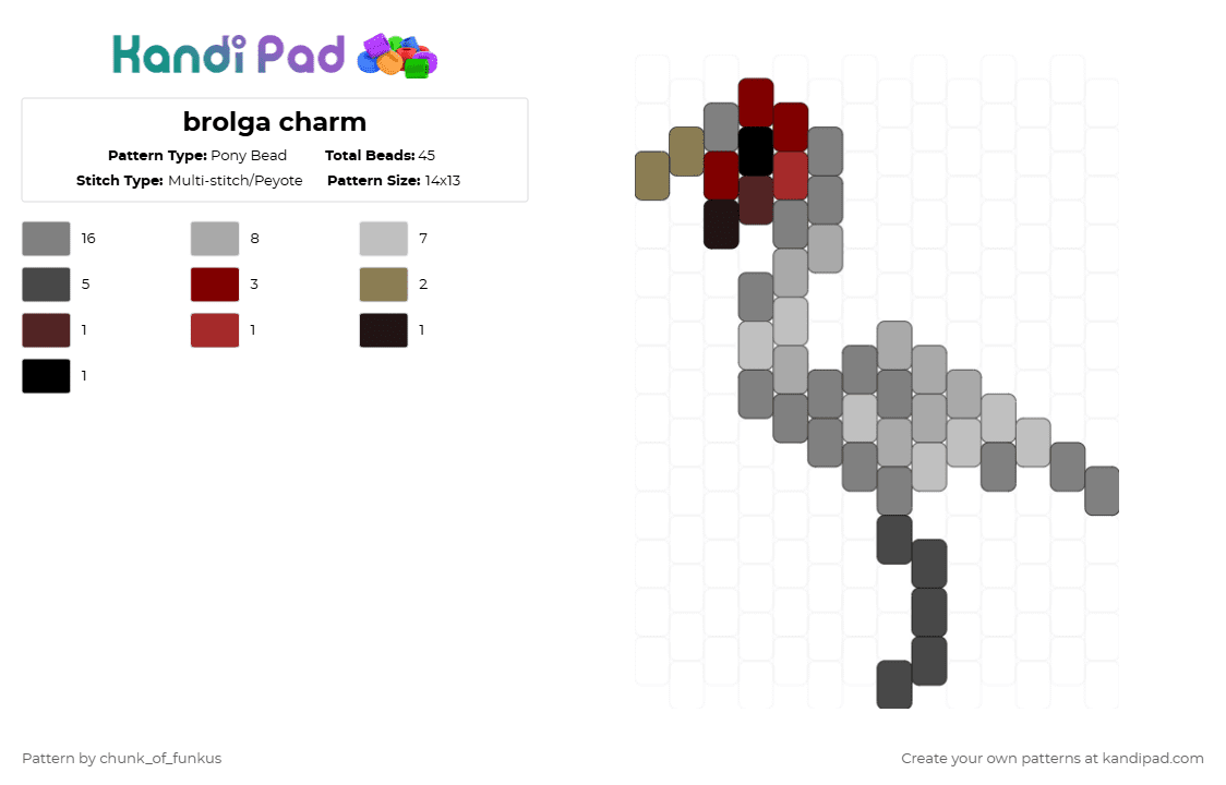 brolga charm - Pony Bead Pattern by chunk_of_funkus on Kandi Pad - gray,beige,brown,brolga,australia,australian,bird,charm,crane,australian crane,native companion