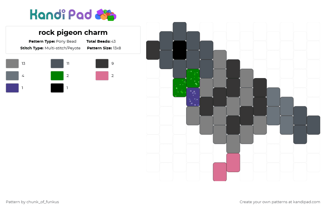 rock pigeon charm - Pony Bead Pattern by chunk_of_funkus on Kandi Pad - purple,gray,pigeon,rock pigeon,dove,rock dove,feral pigeon,charm,bird,pidgeon