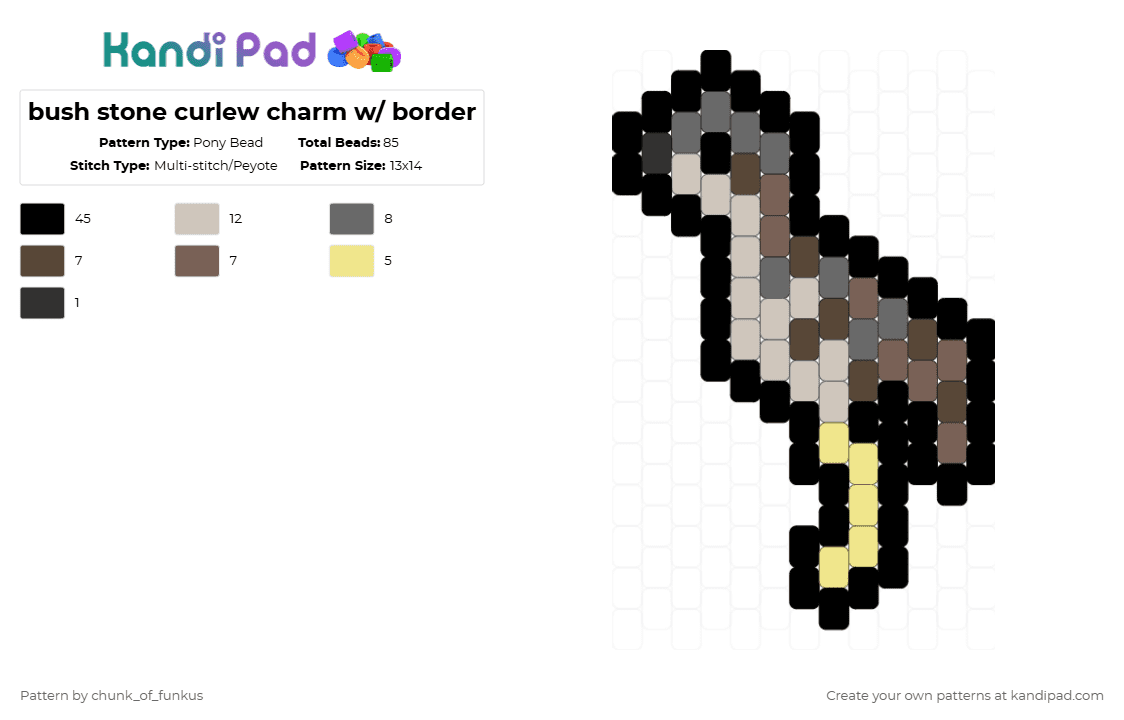 bush stone curlew charm w/ border - Pony Bead Pattern by chunk_of_funkus on Kandi Pad - black,beige,gray,curlew,australia,australian,bird,bush thick knee,thick knee,bush stone curlew,bush stone