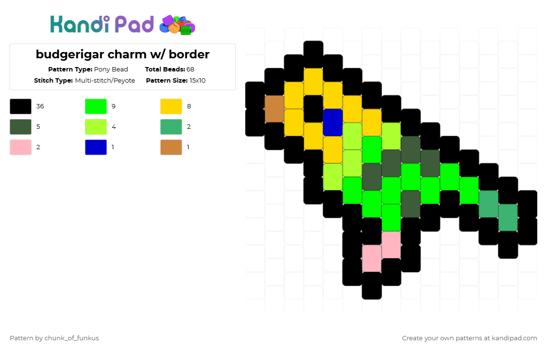 budgerigar charm w/ border - Pony Bead Pattern by chunk_of_funkus on Kandi Pad - black,yellow,green,gray,budgie,budgerigar,parakeet,australian,australiab,bird,charm