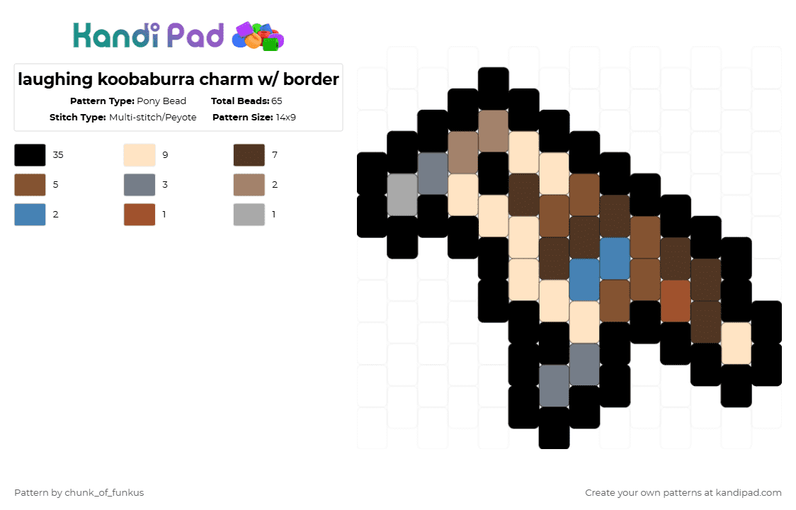 laughing koobaburra charm w/ border - Pony Bead Pattern by chunk_of_funkus on Kandi Pad - black,beige,tan,brown,kookaburra,laughing kookaburra,australia,australian,bird,birds,charm