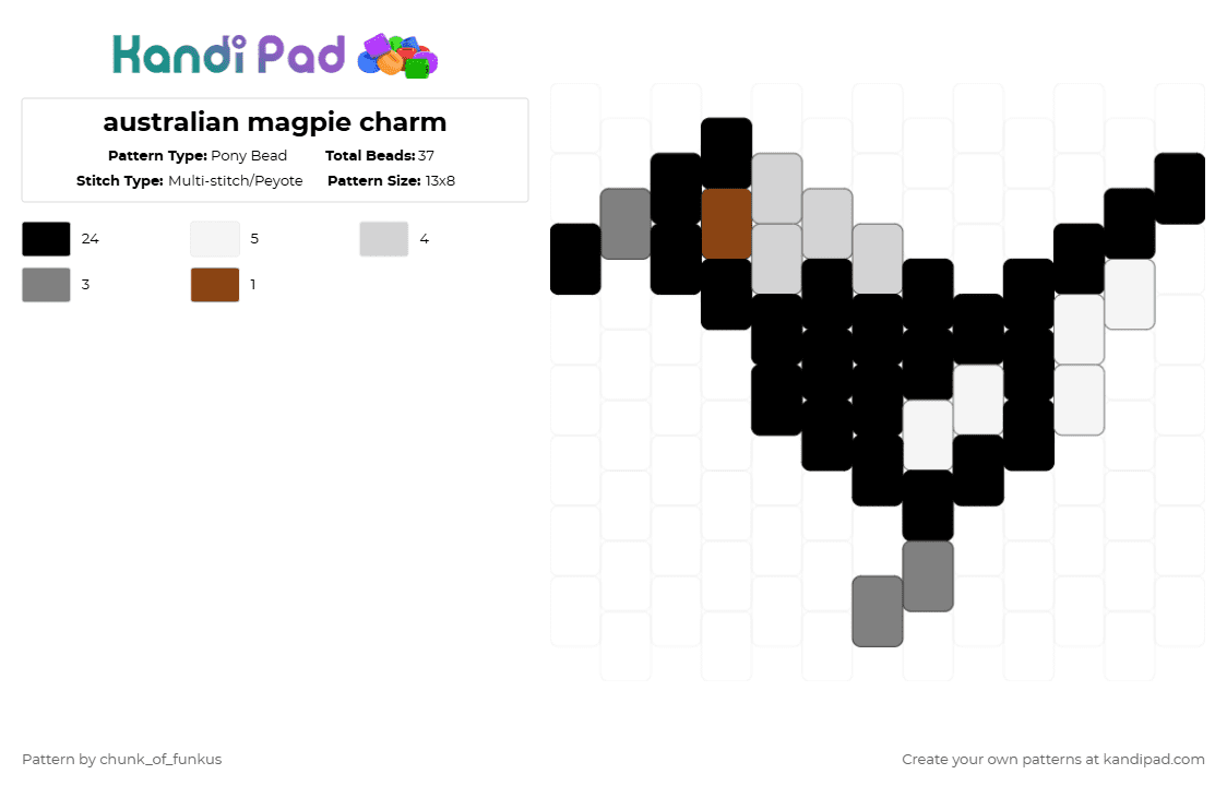 australian magpie charm - Pony Bead Pattern by chunk_of_funkus on Kandi Pad - black,white,gray,magpie,australia,australian,australian magpie,bird,birds
