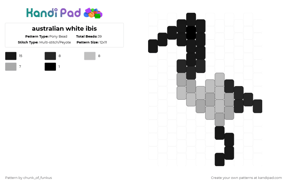 australian white ibis - Pony Bead Pattern by chunk_of_funkus on Kandi Pad - black,beige,ibis,australia,australian,bird,animal,australian white ibis,white ibis,bin chicken
