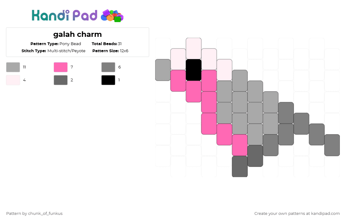 galah charm - Pony Bead Pattern by chunk_of_funkus on Kandi Pad - beige,pink and gray cockatoo,cockatoo,galah,bird,rose breasted cockatoo,australia,australian,galahs