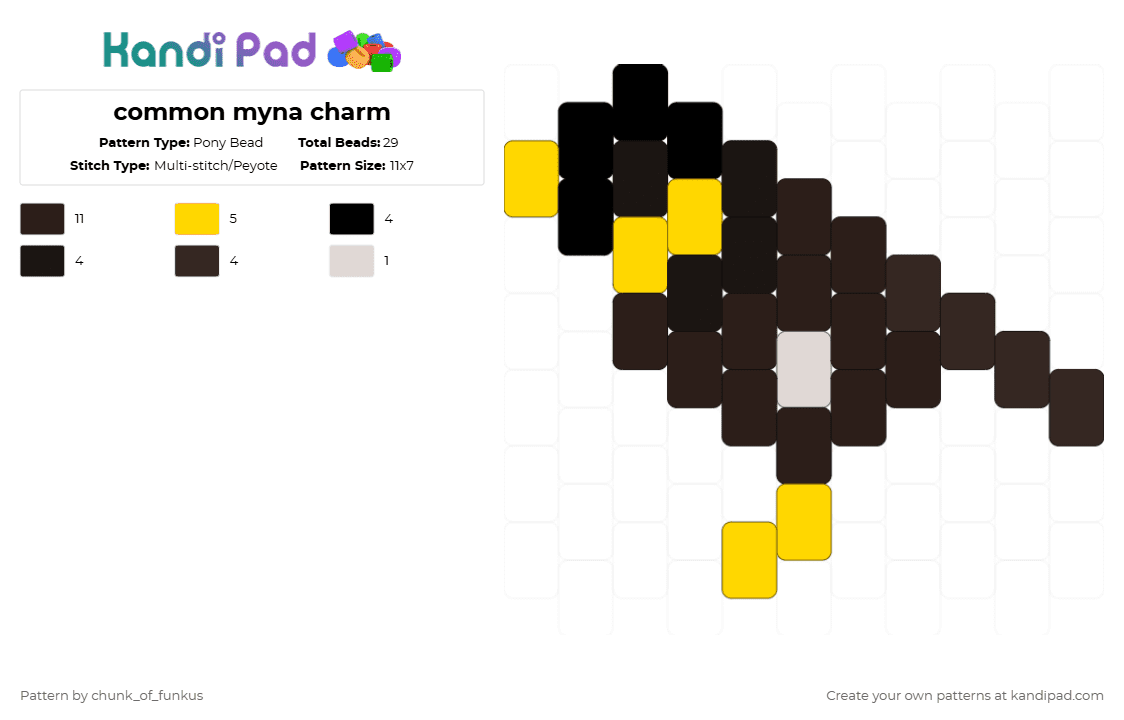 common myna charm - Pony Bead Pattern by chunk_of_funkus on Kandi Pad - brown,myna,bird,australia,australian,animal,common myna,yellow
