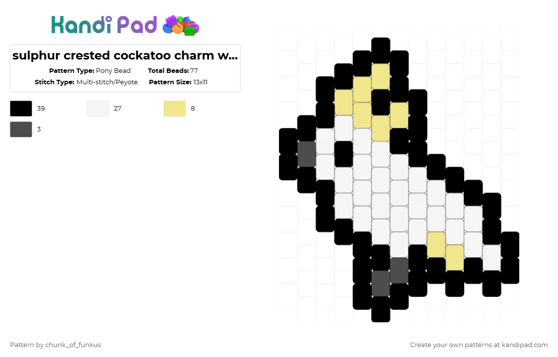 sulphur crested cockatoo charm w/ border - Pony Bead Pattern by chunk_of_funkus on Kandi Pad - white,yellow,gray,cockatoo,bird,australia,australian,sulphur crested cockatoo,crested cockatoo,cockatiel