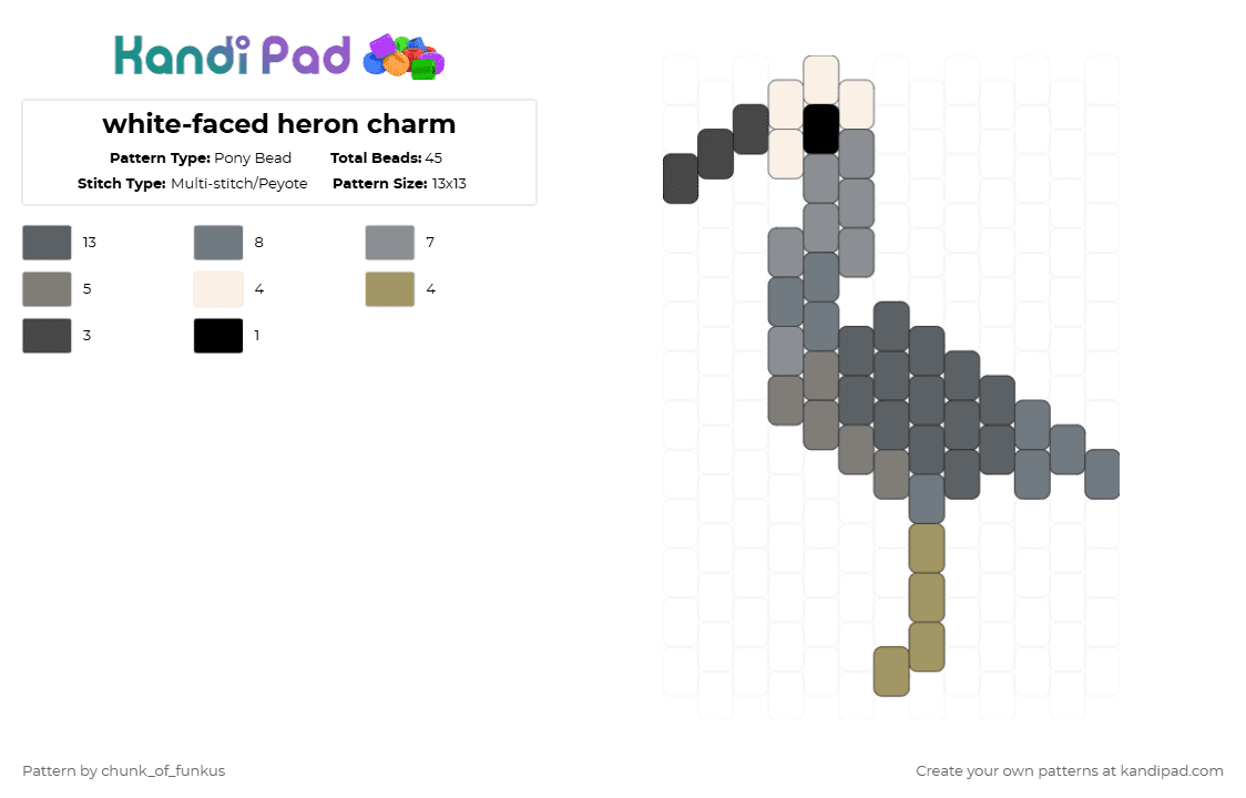 white-faced heron charm - Pony Bead Pattern by chunk_of_funkus on Kandi Pad - gray,heron,egret,white faced heron,australia,australian,bird,animal,blue crane