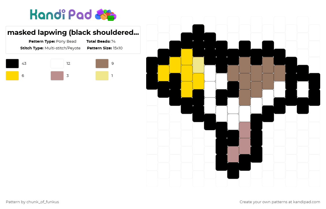 masked lapwing (black shouldered) charm w/ border - Pony Bead Pattern by chunk_of_funkus on Kandi Pad - black,yellow,tan,bird,australia,australian,lapwing,plover,black shouldered lapwing,masked lapwing
