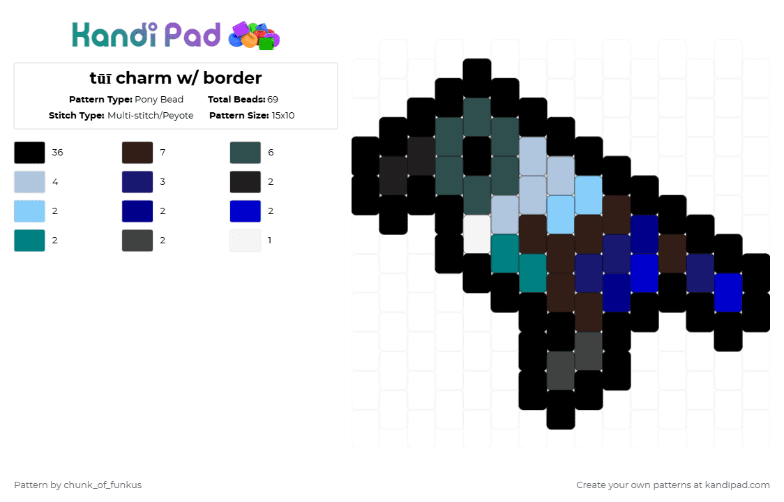 tūī charm w/ border - Pony Bead Pattern by chunk_of_funkus on Kandi Pad - black,light blue,purple,colorful,tui,new zealand,bird,koko,honeyeater,tui tie curl,tiecurl