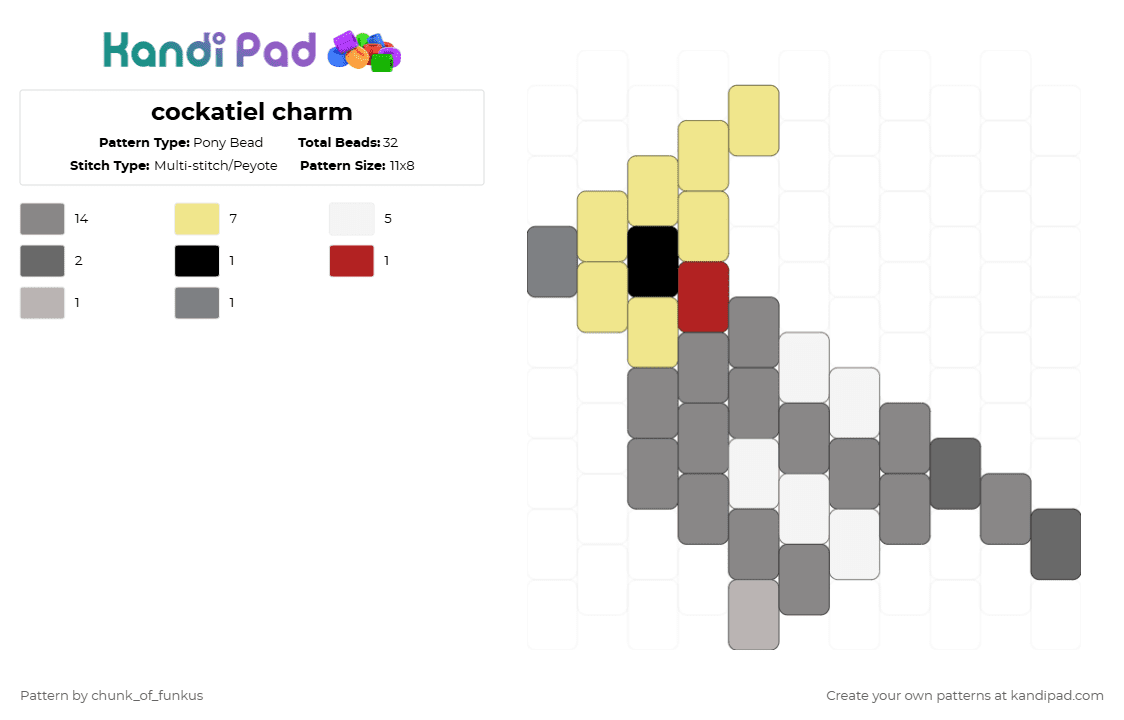 cockatiel charm - Pony Bead Pattern by chunk_of_funkus on Kandi Pad - yellow,gray,bird,animal,cockatiel,cockatoo,quarrion,australia,australian,weero
