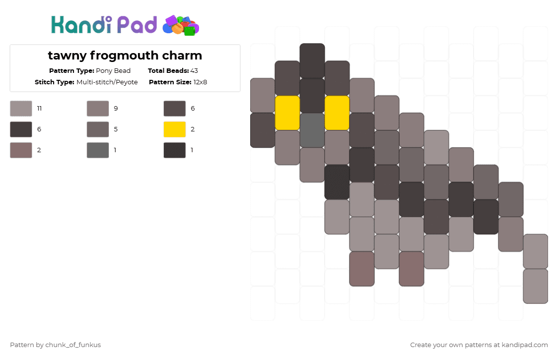 tawny frogmouth charm - Pony Bead Pattern by chunk_of_funkus on Kandi Pad - gray,tawny frogmouth,frogmouth,owl,australia,australian,bird,birds,charm