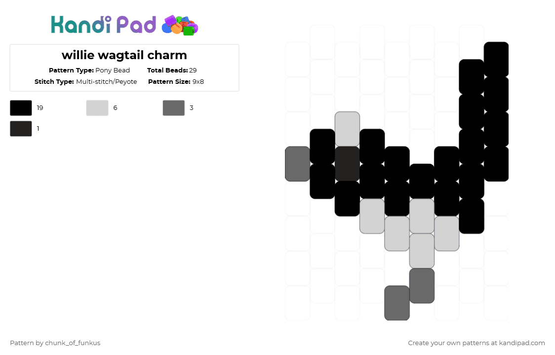 willie wagtail charm - Pony Bead Pattern by chunk_of_funkus on Kandi Pad - black,white,gray,willie wagtail,wagtail,animal,australia,australian,bird,fantail,charm