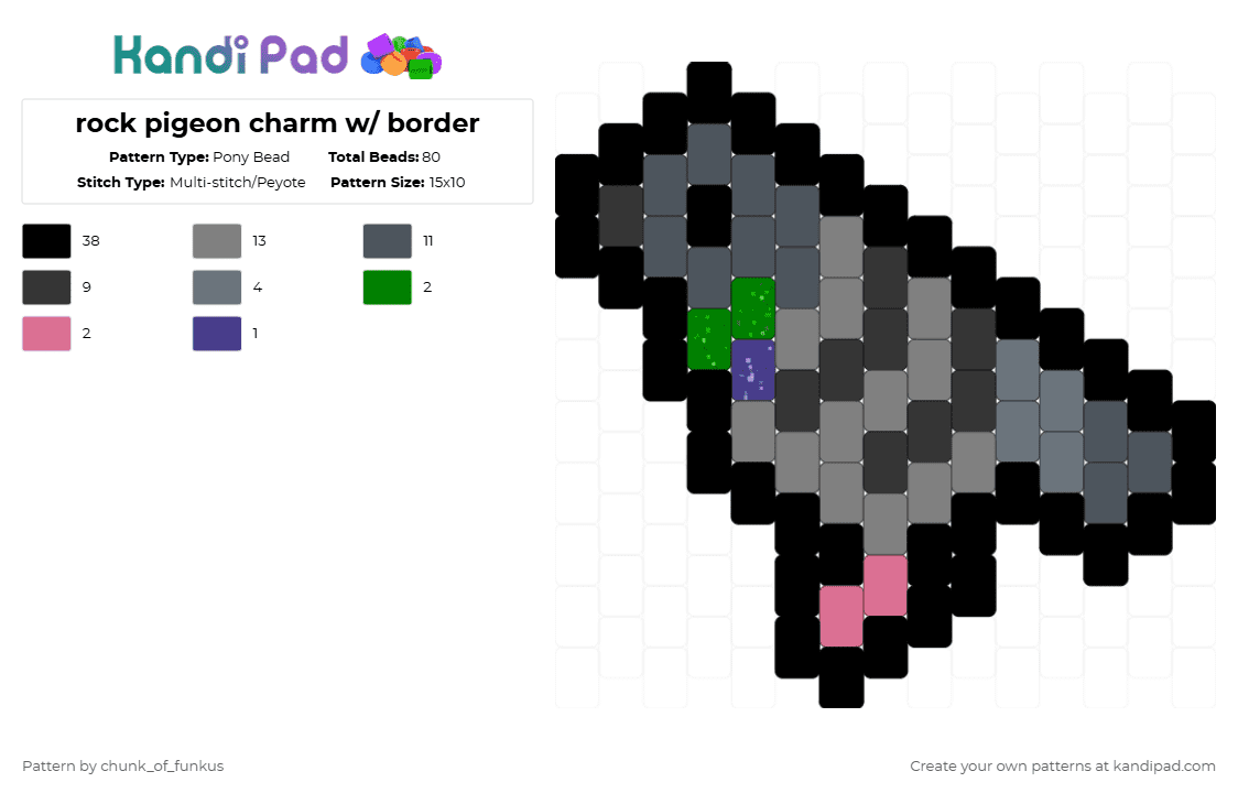 rock pigeon charm w/ border - Pony Bead Pattern by chunk_of_funkus on Kandi Pad - black,purple,gray,pigeon,rock pigeon,dove,rock dove,feral pigeon,charm,bird,pidgeon